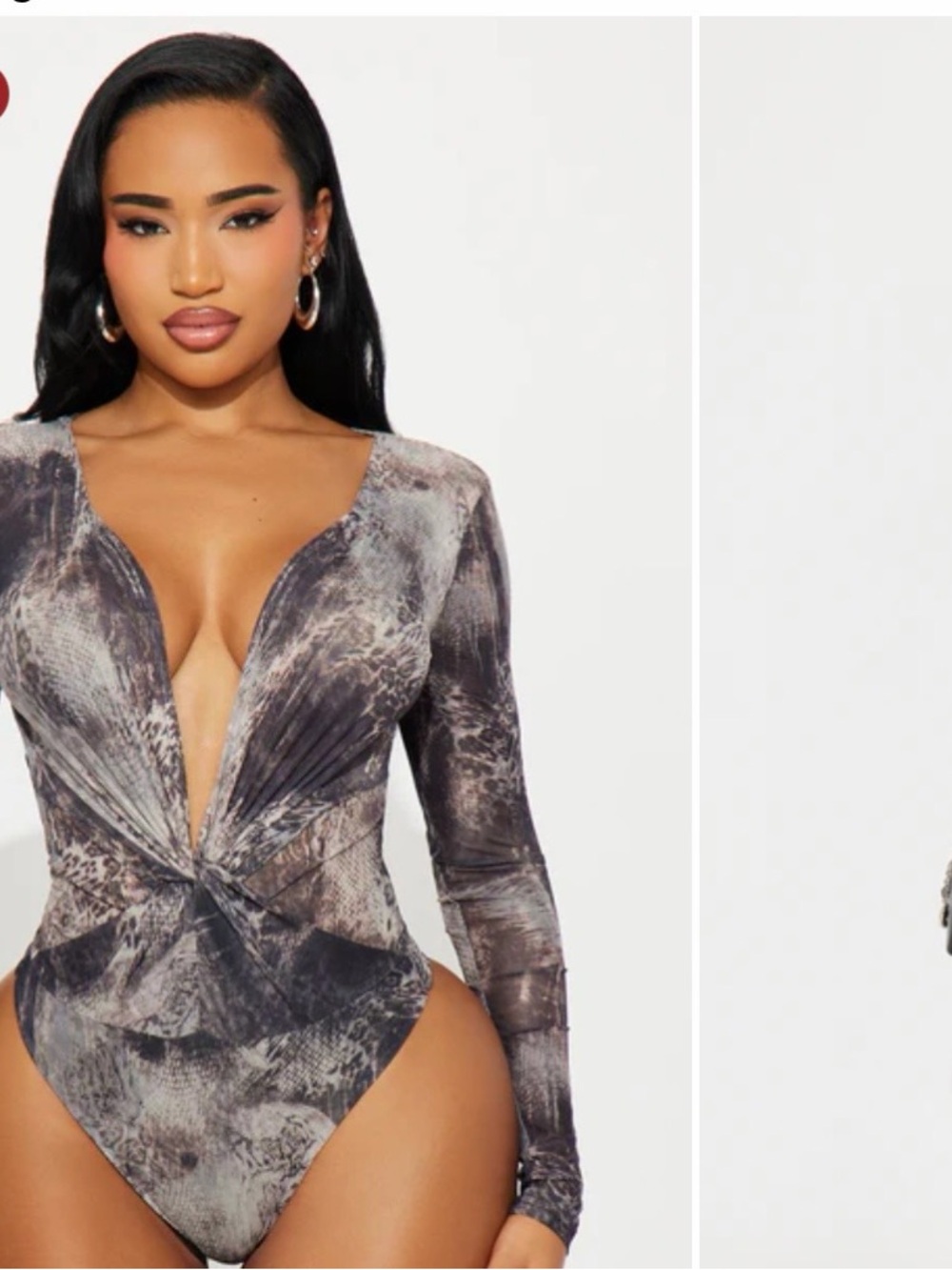 Long-Sleeve Plunge Twist-Front Bodysuit - Gray Snake Print